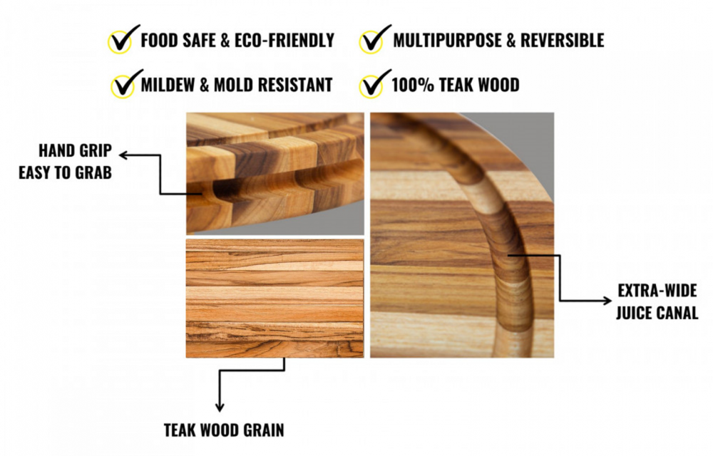 Round Teak Cutting Board With Hand Grip And Juice Groove