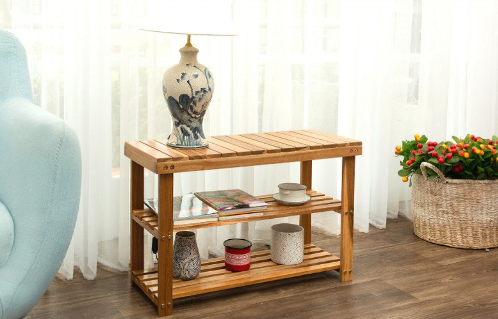 HF06-SS - Rectangular Natural Color Acacia Wood Shoe Rack