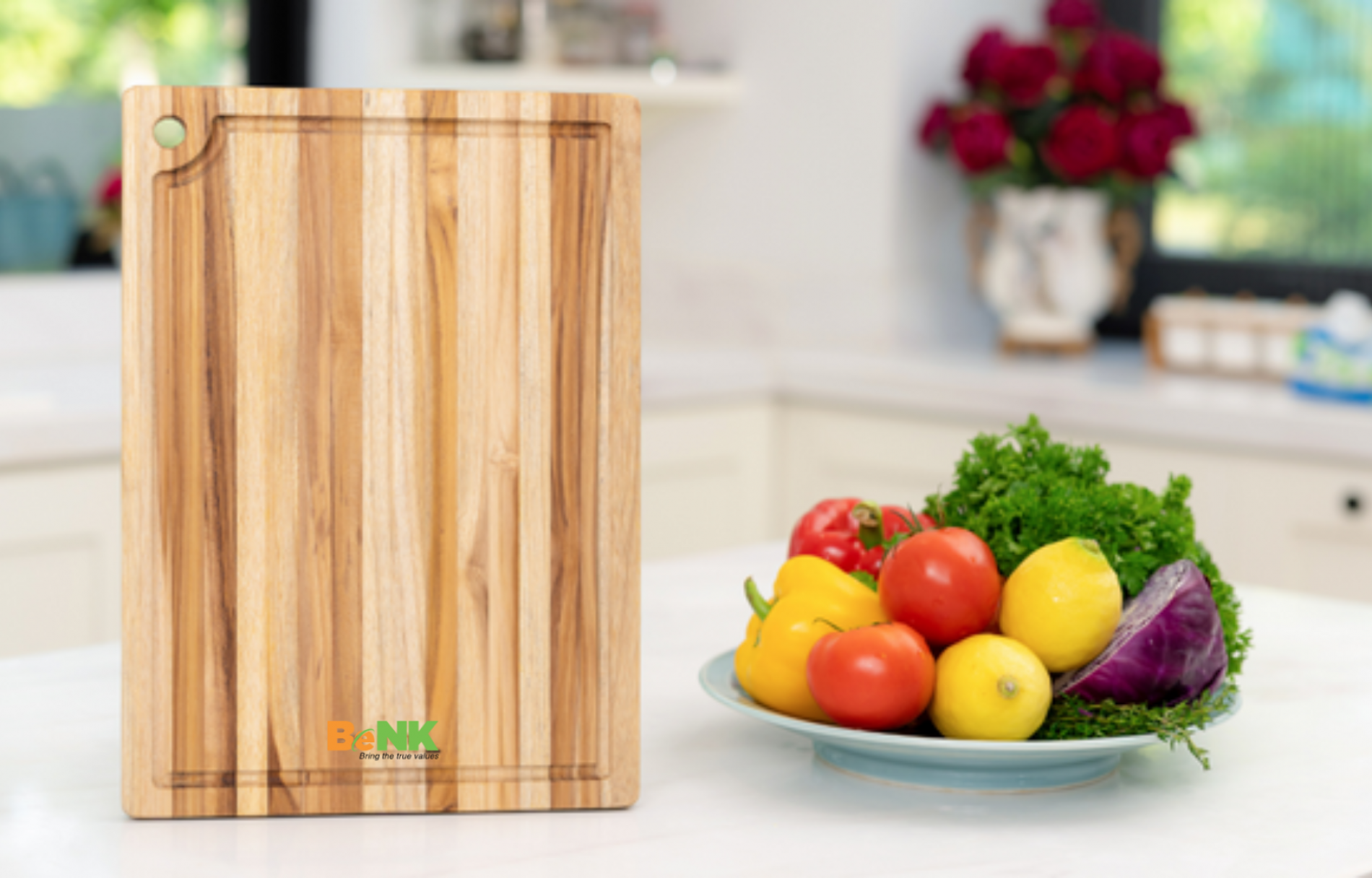 Rectangular Edge grain Teak wood Cutting Board with Juice Groove and Handing Hole