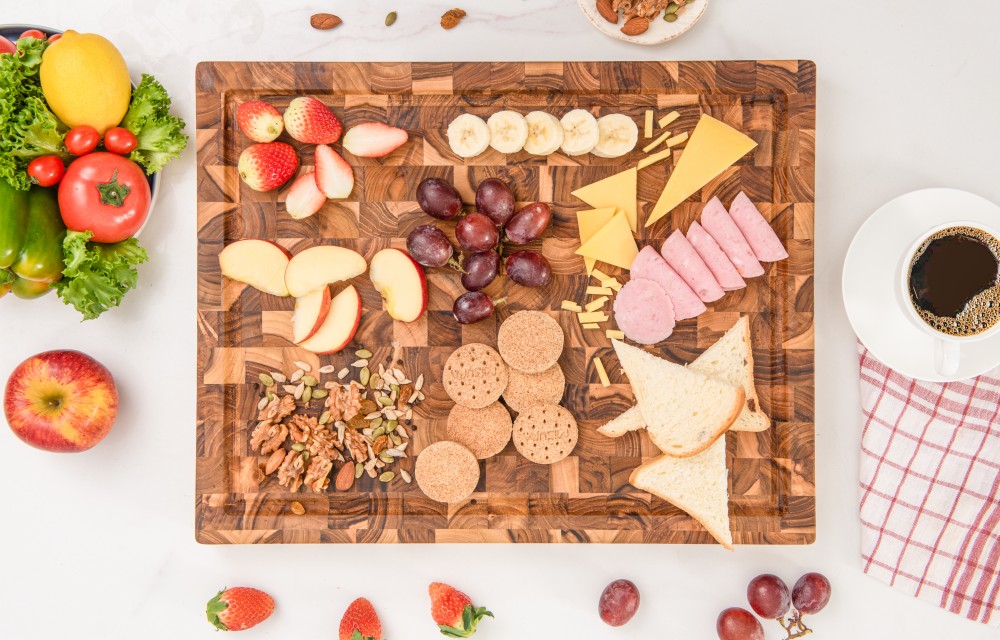 Rectangular End Grain Teak Wood Cutting Board with Juice Groove and Hand Grip