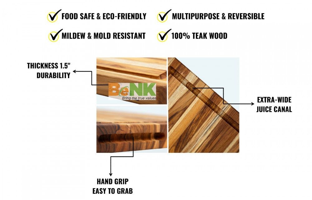 Rectangular Teak Cutting Board With Hand Grip And Juice Groove